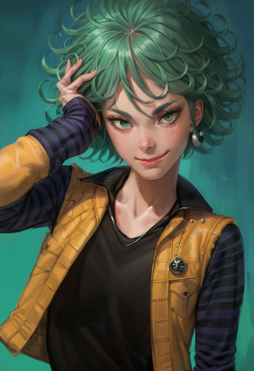 score_9,score_8_up,score_7_up,score_6_up, easynegative, SJ_Style, 1girl, tatsumaki, green hair, green eyes, jewelry, earrings, short hair, hand in own hair, denim jacket, striped sleeves, looking at viewer, upper body, realistic, vest, black shirt, lips, long sleeves, smile, arm at side, adjusting hair, eyelashes, epiCPhoto