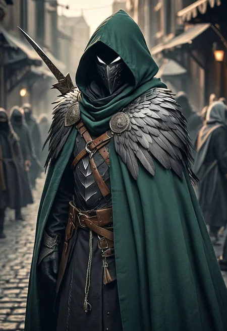 ((great quality)) (good quality) graceful proud rogue with a bird mask covering his face and a long dark deep green cloak that blends into his background, a handful of throwing knives, gives off the vibe of a falcon, mask, hood drawn, bounty hunter, standing in a busy street awe inspiring, dark contrast and cinematic lighting photography , award winning, (intricate detail) , ultra detail, 8k, soul knight