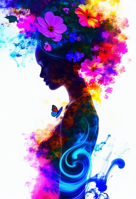 A surrealist illustration of a womans silhouette, full body, with swirls of bright multicolored blacklight ink swirling around her in beautiful colors. flowers in her hair