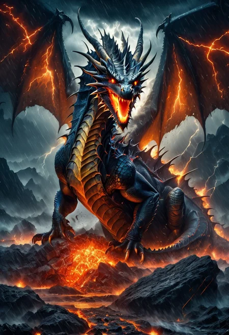 The image is a digital illustration of a dragon in a dark and stormy landscape. The dragon is in the center of the image with its wings spread wide and its mouth open wide revealing sharp teeth and sharp claws. Its body is covered in scales and its head is covered with spikes and spikes giving it a fierce and powerful appearance. The background is filled with dark clouds and lightning bolts creating a dramatic and ominous atmosphere. The ground is covered at night with rocks and lava scattered around and there is a hint of fire burning in the foreground. The overall color palette is dark and ominous with a mix of red orange and yellow hues. The image conveys a sense of power and strength. Hyperdetailed.