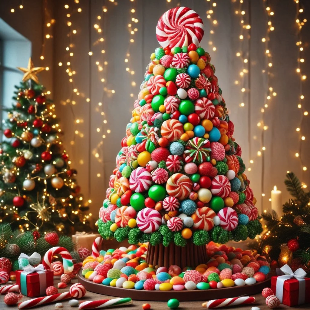 CHRC4ND7 christmas candies decorating a christmas tree, in a building, simple, beautiful colours, null, 2d art
