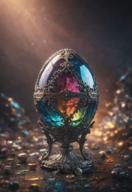 Faberge egg made with crystalline carapace, iridescence color, fine reflection 
Wide range of colors., Dramatic,Dynamic,Cinematic,Sharp details
Insane quality. Insane resolution. Insane details. Masterpiece. 32k resolution.
<lora:add-detail-xl:0.95> <lora:dvr-lnds-sdxl:0.3> dvr-lnds-sdxl <lora:MJ52:0.25> <lora:ral-apoctvisn-sdxl:0.3> ral-apoctvisn <lora:zavy-cntrst-sdxl:0.35> dark, chiaroscuro, low-key <lora:zavy-rmlght-sdxl:0.41> zavy-rmlght <lora:SDXLFaeTastic2400:0.225>