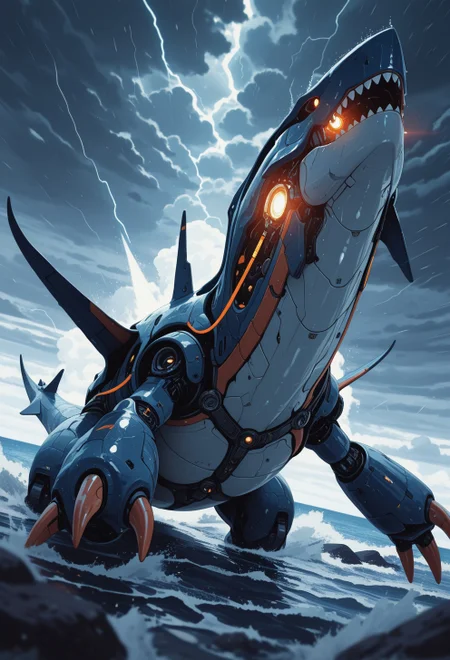 masterpiece, best quality, good quality, very aesthetic, absurdres, newest, 8K, depth of field, focused subject, 1girl, solo, riding on megalodon, ocean, storm, sci-fi, lighting, attack, dynamic angle,
,in the style of cknc,
<lora:ck-shadow-circuit-IL:0.6>
<lora:MoriiMee_Gothic_Niji_Style_Illustrious_r1:0.4>
<lora:ck-nc-cyberpunk-IL-000011:0.4>