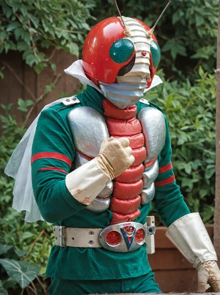 score_9, score_8_up, score_7_up, masterpiece, source_realistic, kamen rider, 1boy, male focus, antennae, solo, belt, gloves, helmet, outdoor, not human , <lora:Kamen_Rider_V3_1973_r1:1>