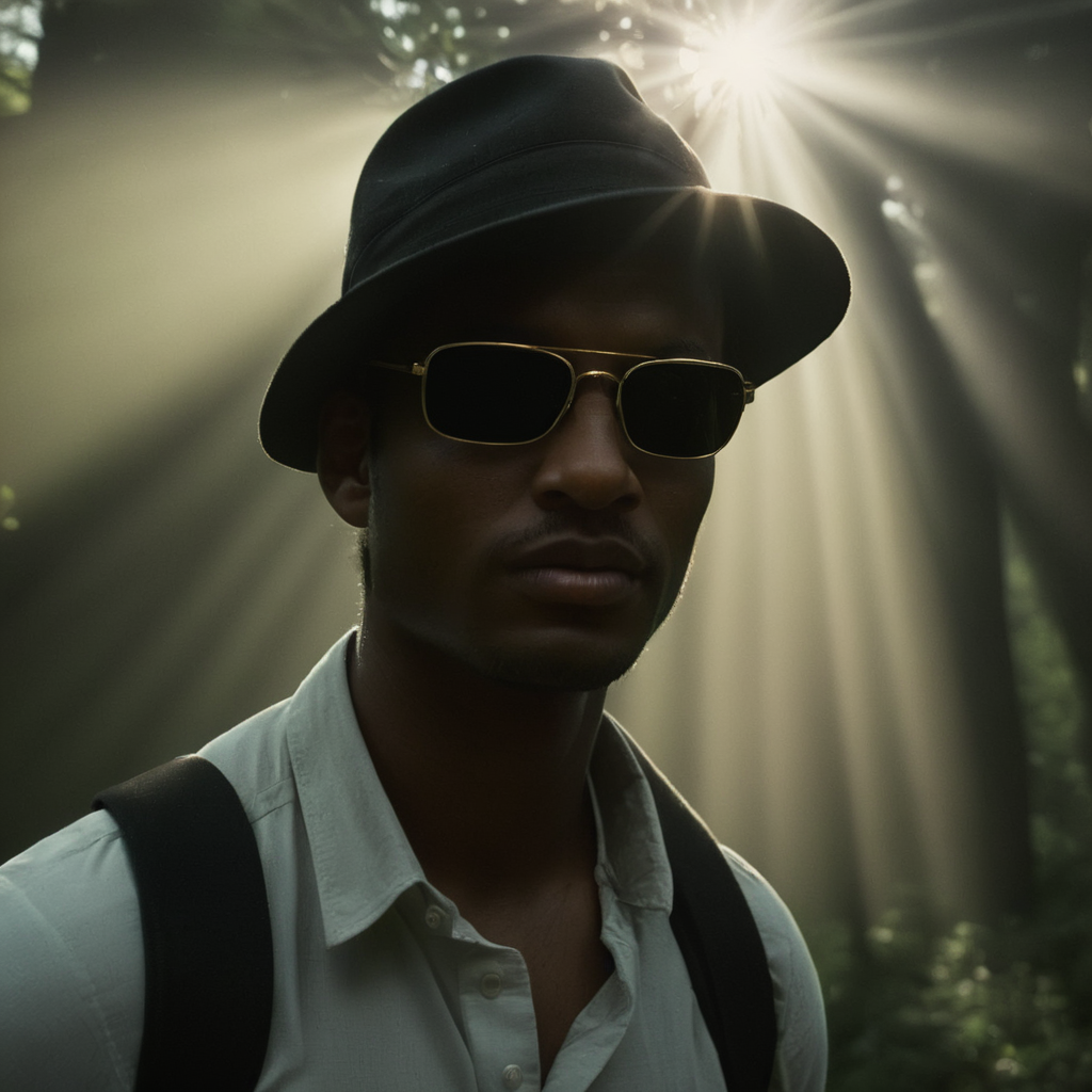 cinematic film still of  <lora:volumetric lighting:1> volumetric lighting style
a man wearing a hat and sunglasses in the woods with sun beam light on,solo,shirt,black hair,1boy,hat,closed mouth,white shirt,upper body,male focus,outdoors,necktie,collared shirt,dark skin,bag,blurry,tree,blurry background,from below,sunlight,sunglasses,dark-skinned male,backpack,backlighting,dappled sunlight , volumetric lighting, haze light, fog light, beam light, ray light, god ray light, beam light, shaft light, crepuscular rays, shallow depth of field, vignette, highly detailed, high budget, bokeh, cinemascope, moody, epic, gorgeous, film grain, grainy