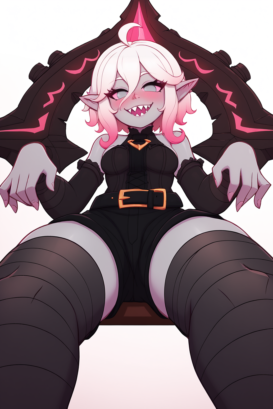 score_9, score_8_up, score_7_up, score_6_up, BREAK, BriarLoLXLv2, grey skin, colored skin, no pupils, grey eyes, pink sclera, white hair, pink hair, two-tone hair, gradient hair, short hair, hair between eyes, ahoge, pointy ears, sharp teeth, medium breasts, bare shoulders, black thight dress, detached sleeves, black bandaged sleeves, black shorts, belt, (black bandaged legwear), toeless legwear, sitting, ((bellow view)), looking at viewer, seductive smile, naughty face, nose blush, white background, simple background  <lora:BriarLoLXLv2:0.8>, BnBigusStylePXL <lora:BnBigusStylePXL:1>