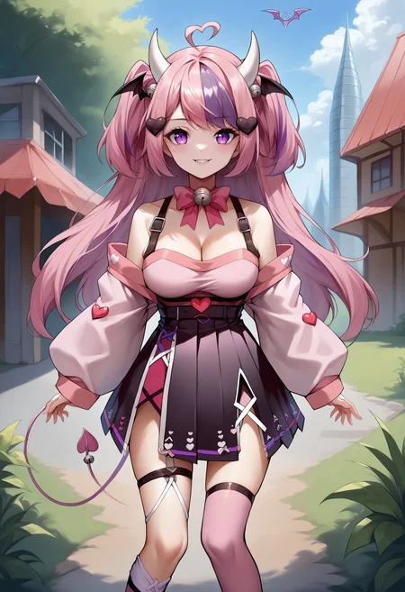 score_9, score_8_up, score_7_up, source_anime, 1girl, outdoors, <lora:Ironmouse_XLPD:1>, IronmouseDefS2, purple eyes, demon horns, demon girl, demon tail, demon wings, heart hair ornament, heart ahoge, twintails, bangs, two side up, long hair, shirt, black skirt, bow, cleavage, bell, jingle bell, off shoulder, asymmetrical legwear, single thighhigh, pink thighhighs, thigh strap, detached sleeves, bowtie, happy,