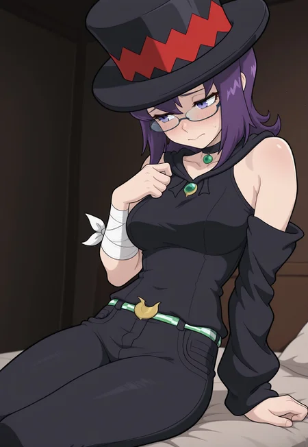 masterpiece,best quality,amazing quality,, score_9, score_8_up, score_7_up, Jade-Utopus, purple eyes, purple hair, medium hair, glasses, top hat, black clothes, bandage on one arm, black pants, belt, detached sleeves, black choker with green gem, solo, alone, bedroom, sitting, blush, shy,