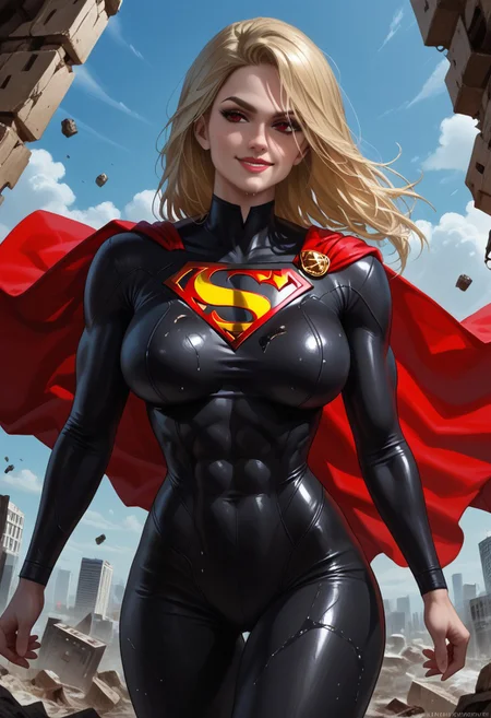 score_9, score_8_up, score_7_up, score_6_up, score_5_up, score_4_up, (masterpiece best quality), ((realistic art)), (high detail), nsfw, 1girl, cinematic lightings, wallpaper, (modern), (((Artgerm art style)))
wet red sexy lips, sexy makeup, mature, perfect eye, ((((supergirl))))
(Sexy body), (curvaceous body), pale wet shining skin, large breasts, abs, muscle, very muscular, ultra muscular body, (huge fake tits, covered), perfectly round tits, muscular thighs, hypermuscle, bodybuilder, thin waist, thick thighs, fit body, clothed girl, shiny body, expressiveh, body oil, (fitness), (long legs), (fit body)
((dark evil supergirl, bright red eyes, light bright blonde hair, long hair)), (((white and black S symbol in chest))), (((sexy tight full black bodysuit, black long sleeves)), ((((black and dark supergirl bodysuit outfit)))), (((sexy superhero bodysuit))), ((thighs visible))
evil horny sexy face, slut, showing her body, noble, lustful, (lewd), mad smile
(((detailed city destroyed in rubble background))),((exterior))
(body and face focus), (flying sexy pose), seducer, alluring, horny, ((evil))
(looking to the viewer), (body view), ((sexy)), (front view), ((villain)), ((looking to the viewer))
