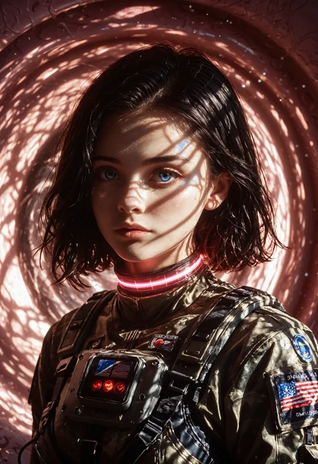 score_9, score_8_up, score_7_up, Expressiveh, EYESHD, standing, on one leg, 1girl, young woman, realistic skin, beautiful face, cute, (relaxed:0.8), dressed, maroon, futuristic army suit, glowing choker, blue eyes, dark black hair, beach waves, pink abstract background, textured background