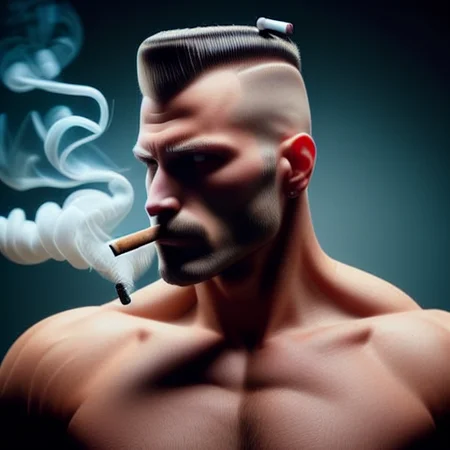 One full geared, male, Bodybulder, Marlboro Smoker, Flattop Hairstyle, Smoking cigarette enthusiasticly