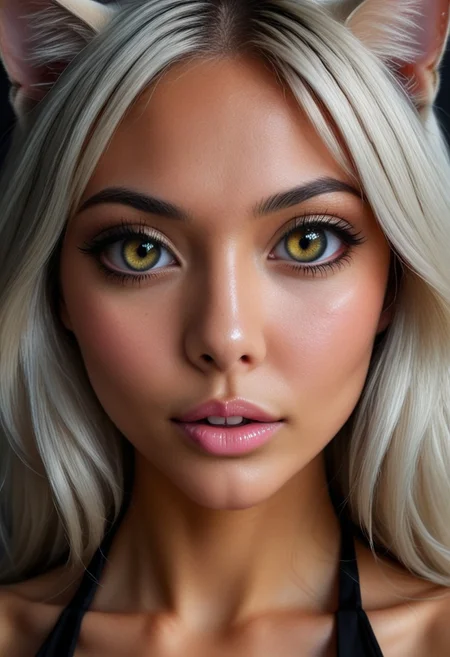 An extreme photorealistic upper body shot of a cat girl with mesmerizing golden eyes and slit pupils. She has long, flowing two-tone hair, white and black, with striking, unrealistic beauty. Her pink lips curve slightly to reveal sharp fangs, and her long fingernails are a key feature of her sleek cat suit. Include tiny imperfections like pores, faint freckles, and slight skin texture variations to add realism. Realistic lip texture with soft lines, slight gloss, and natural color variation. Realistically detailed tear ducts, slightly moist, enhancing the natural appearance of the eyes. Faint, barely visible veins under the eyes, adding depth and authenticity to the skin. Individually rendered eyebrow hairs with natural variation in direction, length, and thickness. Variation in hair strand thickness, with some thinner and finer than others. Detailed texture on the cat suit, showing the weave or material pattern, such as leather, spandex, or velvet. Shadows that move with the character, responding to her position and the light source accurately, 28 YEARS OLD, wrinkles, cat girl, crystal, gem, sparkle, YELLOW EYES, CAT EYES, denise, catgirl, Gothic castle, lively, luminescent, Majestic castle, big eyes.