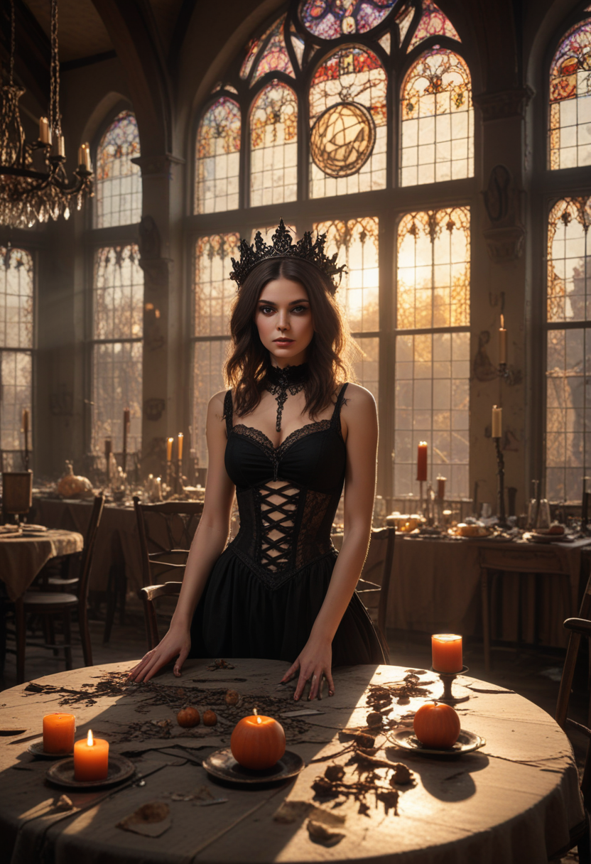 (medium full shot) of (sexy witch) young woman, african, dark skin, light brown eyes, willowy build, dark hair,  wearing Gothic black dress with lace detailing, fishnet stockings, black ankle boots, (dark iron circlet), crystal ball, set in  Banquet Hall, Decaying hall with a long dining table covered in rotting food and goblets, shattered stained glass windows letting in shafts of sunlight, broken chairs scattered around, tattered banners hanging from the walls, and skeletal remains slumped at the head of the table , at sunset, smiling at the viewer, Masterpiece,best quality, photorealistic, amazing quality, very aesthetic, extremely detailed face,