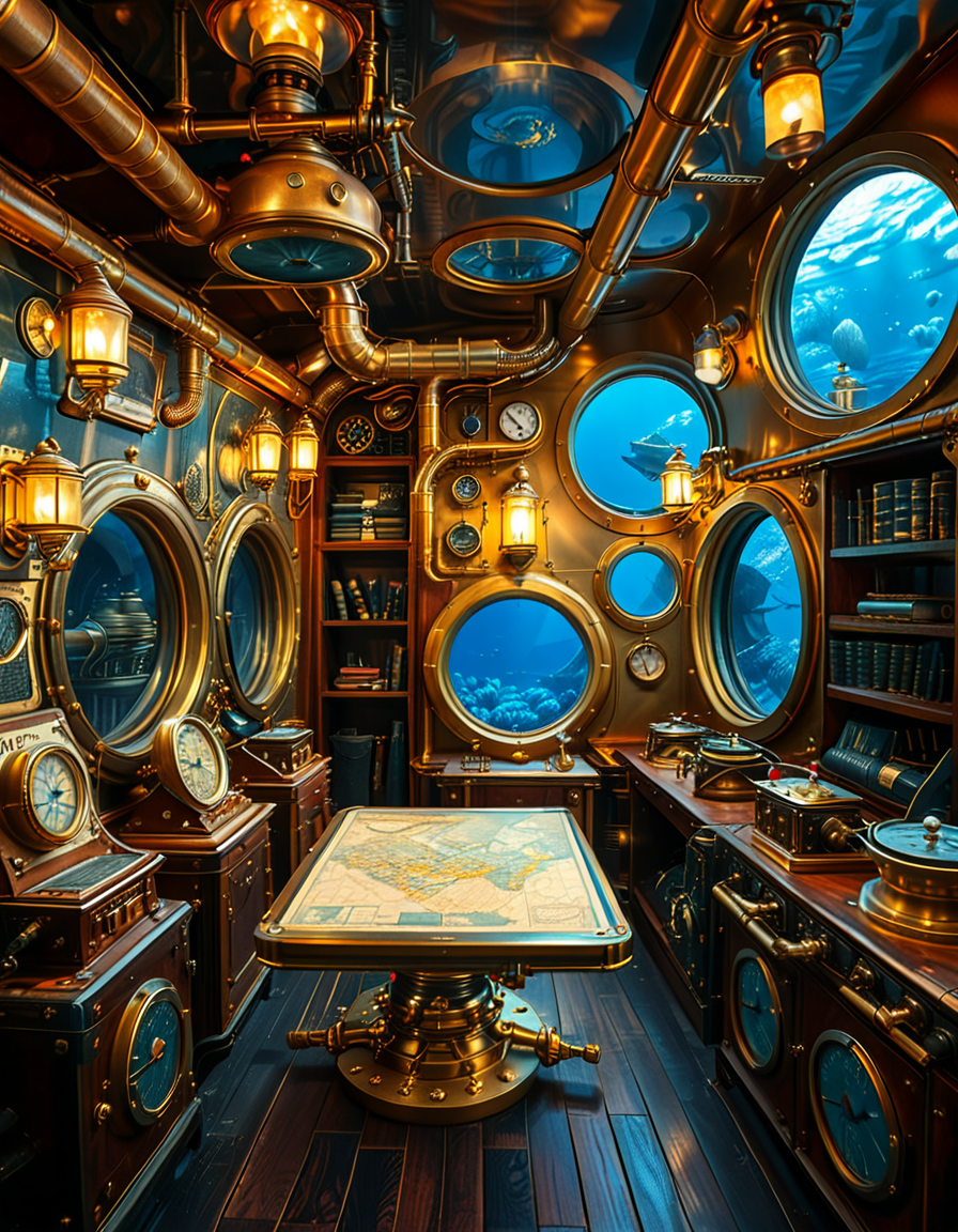 A stunning and intricate view of the interior of the Nautilus submarine, inspired by Jules Verneâs steampunk aesthetic. The room is a mix of Victorian elegance and advanced 19th-century marine engineering. The walls are lined with riveted brass and copper pipes, with intricate pressure gauges and mechanical levers. A massive, round glass porthole offers a breathtaking underwater view of deep-sea creatures swimming in the dark abyss. The warm glow of antique oil lamps and gaslights illuminates the space, casting soft golden reflections on the polished mahogany furniture and ornate brass railings. A large wooden desk is covered with old nautical charts, compasses, and a logbook filled with Captain Nemoâs notes. In the background, a library with leather-bound books and scientific instruments is neatly arranged on wooden shelves, emphasizing the scholarly and adventurous nature of the vessel. The ambiance is a perfect fusion of mystery, science fiction, and vintage maritime beauty, evoking a sense of wonder and deep-sea exploration.<lora:SDXLFaeTastic2400:0.4> <lora:extremely_detailed:0.4> extremely detailed, <lora:Nautilus_subm4r1n3:1>,Nautilus subm4r1n3, Masterpiece,best quality,hi res,8k,hi res,8k,award winning,(sharp focus, intricate, highly detailed),