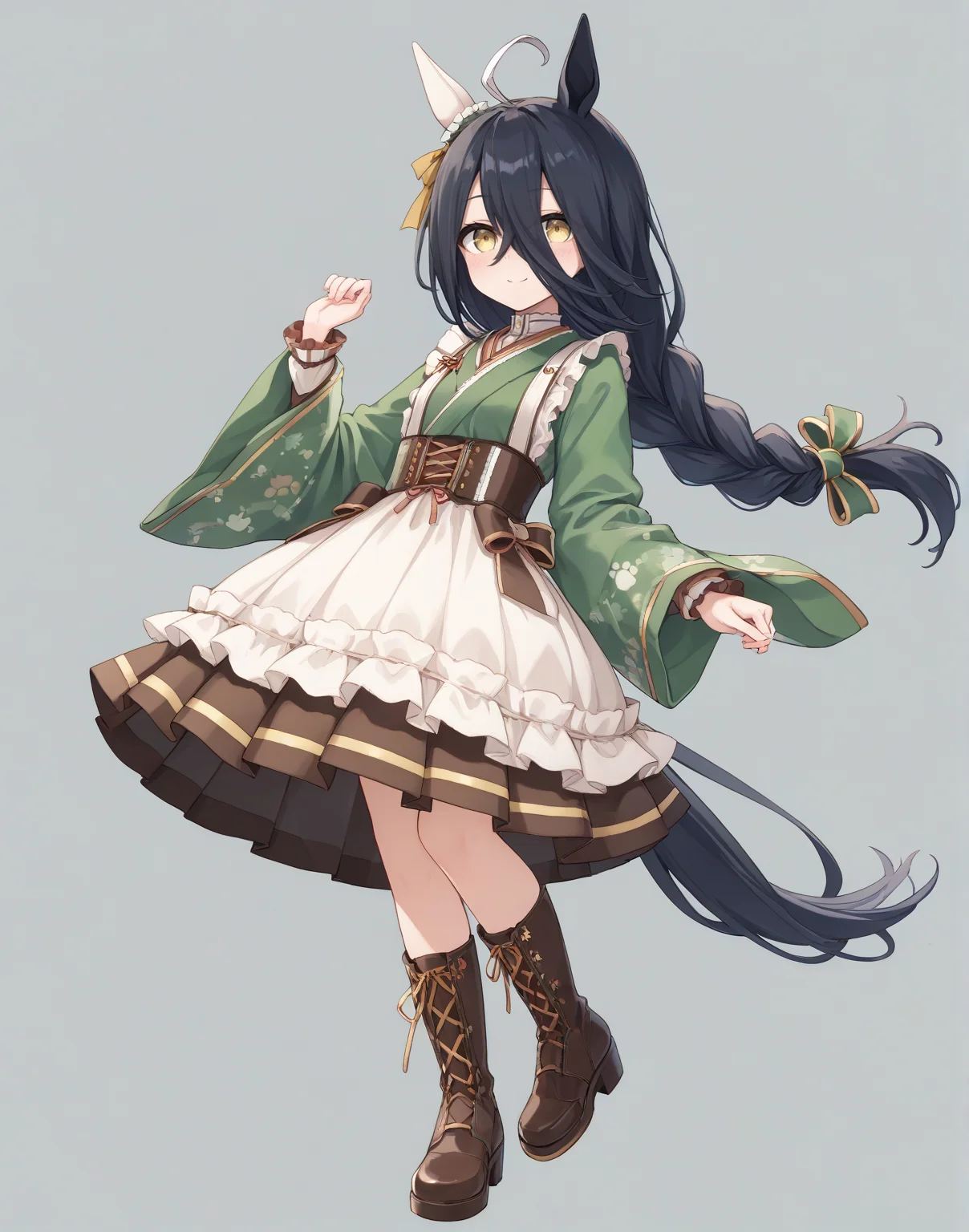 score_9, score_8_up, score_7_up, official art, masterpiece, high quality, megami magazine, official style, game cg, 1girl, (looking at viewer:1.4), (closed mouth:0.6), full body, smile, blush, Leaping with arms extended to the sides, from behind, from below, simple background,,
manhattan cafe (umamusume), ahoge, animal ears, black hair, highres, tail, horse tail, horse ears, horse girl, long hair, multicolored hair, hair between eyes, yellow eyes, shirt, skirt,
mht verdant night, manhattan cafe (verdant night) (umamusume), corset, brown corset, ear covers, single ear cover, kimono, green kimono, frilled kimono, japanese clothes, long bangs, long sleeves, maid, wa maid, official alternate costume, official alternate hairstyle, apron, waist apron, white shirt, wide sleeves, brown skirt, pleated skirt, bow, braid, single braid, braided ponytail, ear ribbon, green bow, hair bow, ribbon, yellow ribbon, frilled apron, frills, paw print, eyelashes, low-tied long hair, green ribbon, hair ribbon, boots, lace-up boots, cross-laced footwear, <lora:umamusume_manhattan_cafe_verdant_night_pony_v1:1>,,