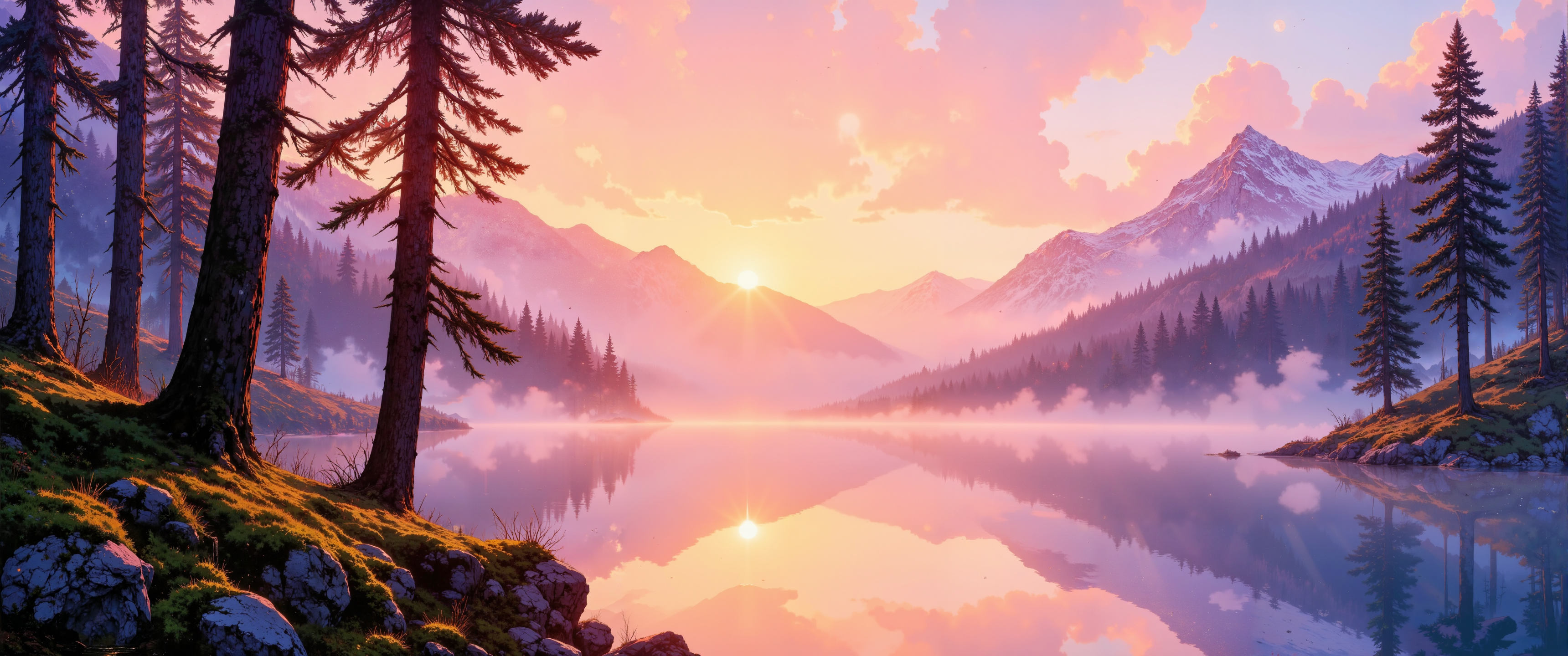 Misty mountain sunrise with ethereal light filtering through ancient pine forest, pastel pinks and deep purples blend with golden rays breaking through wispy clouds. Dew-kissed spider webs glisten like diamonds between moss-covered trunks of towering sentinels. A crystalline alpine lake reflects the dawn's first light, creating a perfect mirror of the awakening sky. Soft watercolor technique with gentle brush strokes captures the transient moment between night and day. Layers of rolling fog embrace the foothills while distant peaks emerge like islands in a sea of mist. Delicate silhouettes of birds soar across the illuminated sky. Impressionistic style with vibrant yet harmonious color palette, intricate details in foreground elements fading to dreamlike ambiguity in the distance. Magical, contemplative atmosphere with a sense of timeless serenity. <lora:Classic_Anime_Colors:0.7> <lora:Anime realistic V2:0.8> <lora:flux_dev:1>
