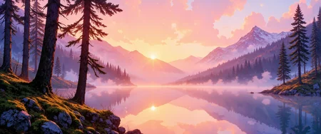 Misty mountain sunrise with ethereal light filtering through ancient pine forest, pastel pinks and deep purples blend with golden rays breaking through wispy clouds. Dew-kissed spider webs glisten like diamonds between moss-covered trunks of towering sentinels. A crystalline alpine lake reflects the dawn's first light, creating a perfect mirror of the awakening sky. Soft watercolor technique with gentle brush strokes captures the transient moment between night and day. Layers of rolling fog embrace the foothills while distant peaks emerge like islands in a sea of mist. Delicate silhouettes of birds soar across the illuminated sky. Impressionistic style with vibrant yet harmonious color palette, intricate details in foreground elements fading to dreamlike ambiguity in the distance. Magical, contemplative atmosphere with a sense of timeless serenity. <lora:Classic_Anime_Colors:0.7> <lora:Anime realistic V2:0.8> <lora:flux_dev:1>