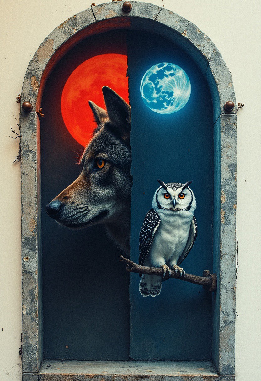 The book is like a door that opens to another world. On the left side is a wolf with a red moon and on the right side is an owl and a blue moon. Surreal double exposure artwork with a combination of black and blue portrait