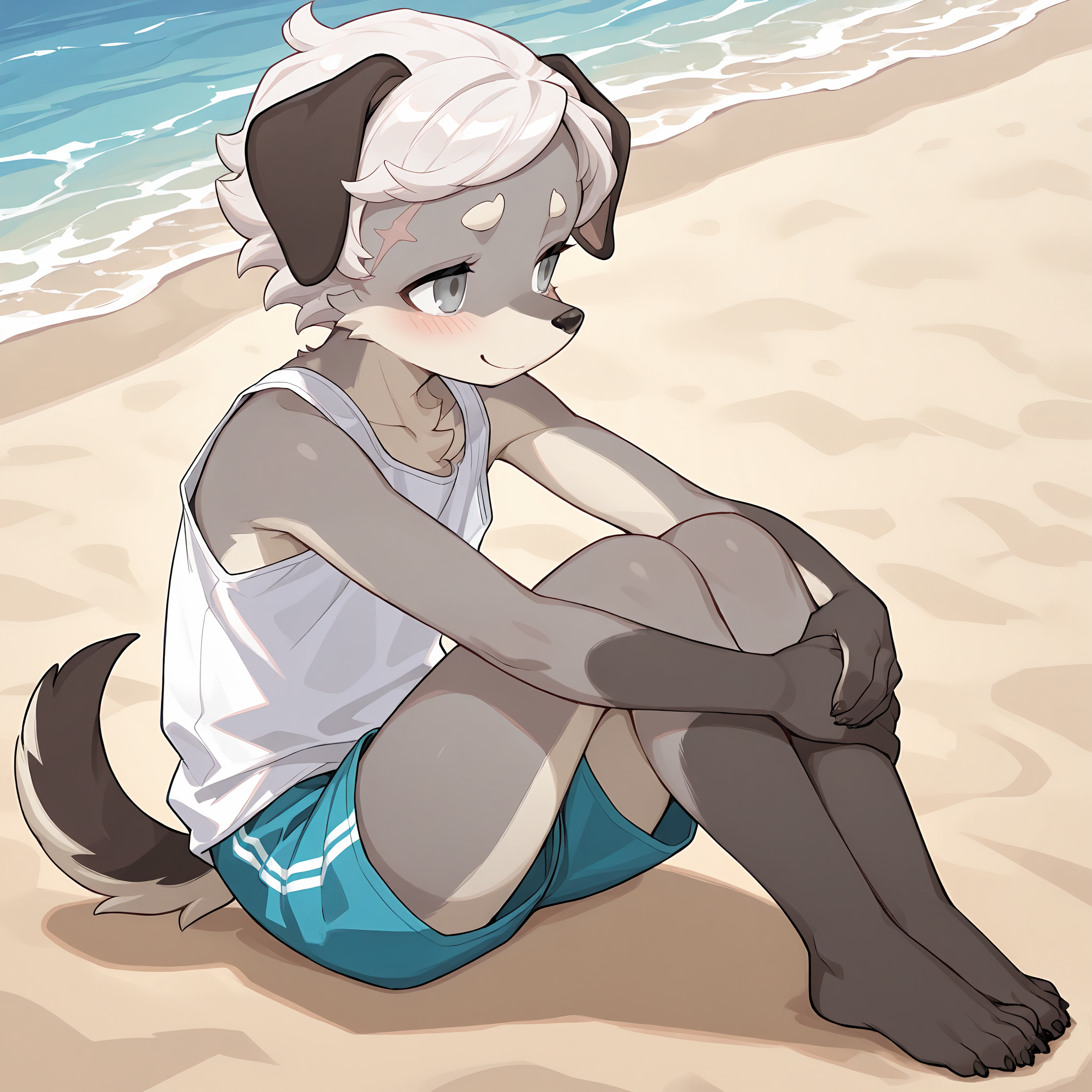 BREAK, <lora:Britz_Strudel:1>, britz strudel, fuga: melodies of steel, kemono, furry male, young male, 1boy, dog boy, grey fur, beige fur, multicolored fur, grey eyes, short hair, white hair, scar above right eye, animal ears, dog ears, floppy ears, dog tail, brown tail,
BREAK, swim wear, dolphiin shorts, white tank top, claws, barefoot,
BREAK, solo, full body, sitting, beach, arms around legs, shy, cute, smile, blush, looking away,