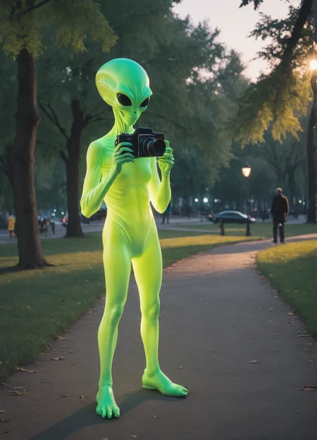 cinematic photo Ombre color scheme of neon green, neon yellow, neon blue, neon pink, neon orange, Photograph of an extremely creepy alien who has an old 35mm camera, the alien is taking tourism photos in the city park! BREAK ,((uhd, 8k photograph taken with Sony A7R III, 1/30sec at f/5.6, ISO 20,000, 12-24mm f/4 at 12mm, slow shutter speed to capture motion blur, fear evoking angles, cinematic horror lighting, frightening shadows, perfect composition, award winning featured photograph, full-length photograph)) ng_deepnegative_v1_75t, epiCRealism, Ellis-RealismBoost
<lora:sss:0.8>, subsurface scattering, Photorealistic, Hyperrealistic, analog style, realistic, film photography, soft lighting, heavy shadow , 35mm photograph, film, bokeh, professional, 4k, highly detailed