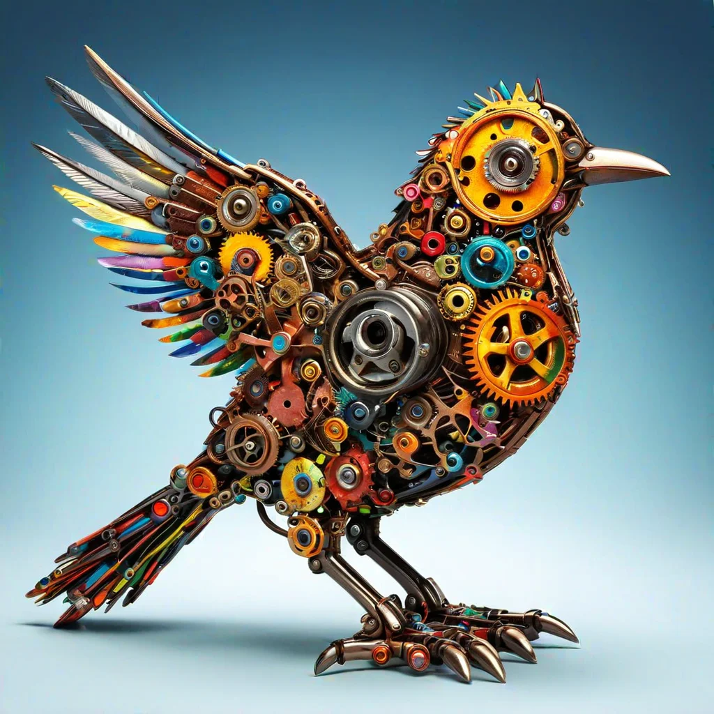 sfw, dynamic splashes, bright colors, high contrast, mechanic bird made of roast gears with colourful metal , hyperdetailed, photorealistic,<lora:challenge\gearstyle-000001.safetensors:0.8500000000000002:0.8500000000000002>