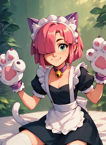 score_9, score_8_up, score_7_up , <lora:pawlette:1> 1girl, human , pawlette ,animal ears, cat tail , pink hair, hair over one eye, maid headdress, bracelet ,necklace, neck bell, maid, short dress, White Stockings , paw gloves ,solo smile ,