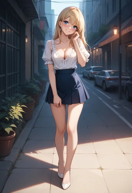score_9, score_8_up, score_8, score_7_up, thin, score_7, rating_explicit, 1 girl, natural breasts, conservative blonde girl, deep blue eyes, shy and happy, head tilt, embarrassed virgin look, cute, sweaty, dynamic lighting, high contrast, white blouse, sexy revealing miniskirt, fully clothed, unbuttoning blouse, cute smile, amazing skyline in background, full body portrait, 21 years old, cleavage, very short skirt, elegant