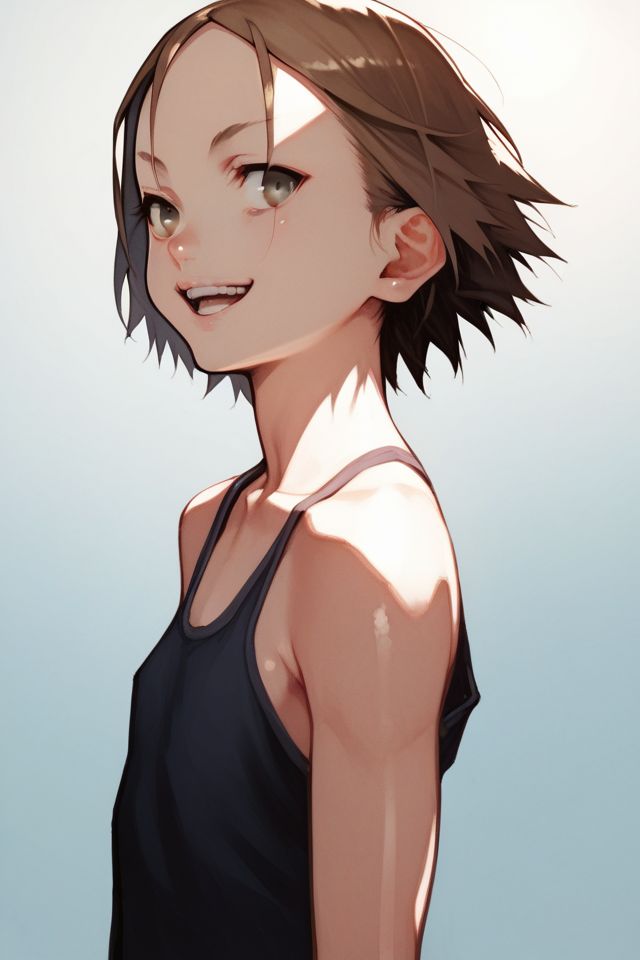 score_9, score_8_up, score_7_up, 1girl, happy, bronze hair, textured_bangs, dark_grey eyes, flat chest,  sunbeam <lora:yoshio_(55level)_PonyXL_style_v01:1>