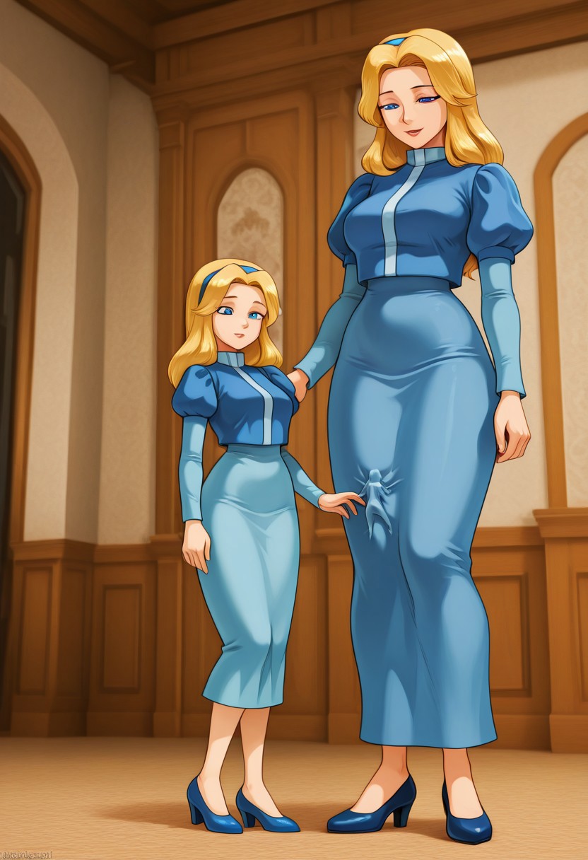 clothingentrapment, giantess, clothing entrapment, size difference, outline of person inside clothing, mariarobotnik, adult, milf, blue dress, puffy sleeves, medium skirt, shoes, blue footwear