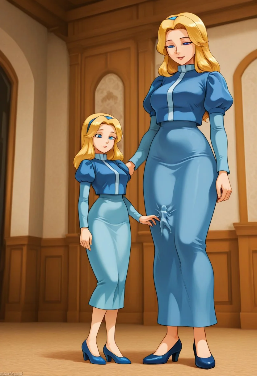 clothingentrapment, giantess, clothing entrapment, size difference, outline of person inside clothing, mariarobotnik, adult, milf, blue dress, puffy sleeves, medium skirt, shoes, blue footwear