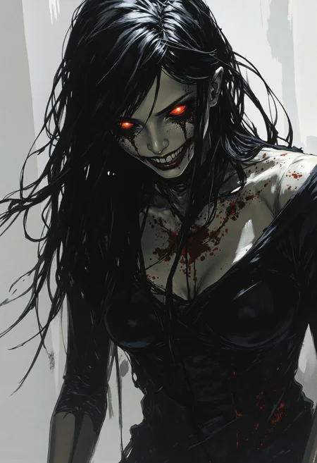 fg, A digital illustration of a woman with long, messy black hair framing her face, piercing glowing red eyes, heavy dark smudged makeup creating a sunken eye effect, a wide unsettling toothy grin. She wears dark, slightly ragged clothing, with subtle dark red smudges around her neck. Digital painting in the style of a dark fantasy horror illustration, eerie atmosphere, dramatic cinematic lighting, muted grey smoky background.