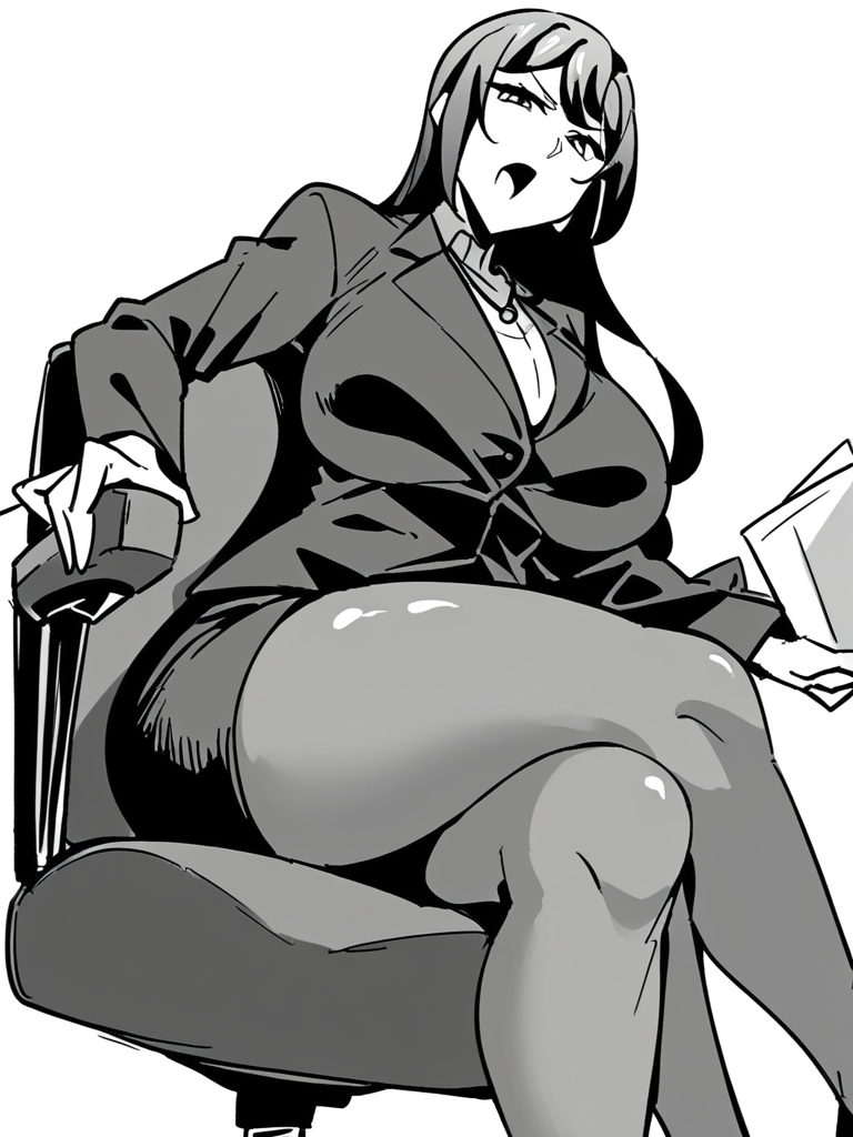 score_9, score_8_up, score_7_up,  
1girl, monochrome, reina tk, black hair, huge breasts, long hair, 


sitting, office chair, white background, solo, frown, open mouth, looking at viewer,
office lady, black jacket, black skirt, pantyhose, crossed legs, 