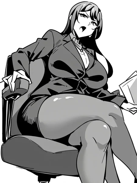 score_9, score_8_up, score_7_up,  
1girl, monochrome, reina tk, black hair, huge breasts, long hair, 


sitting, office chair, white background, solo, frown, open mouth, looking at viewer,
office lady, black jacket, black skirt, pantyhose, crossed legs, 