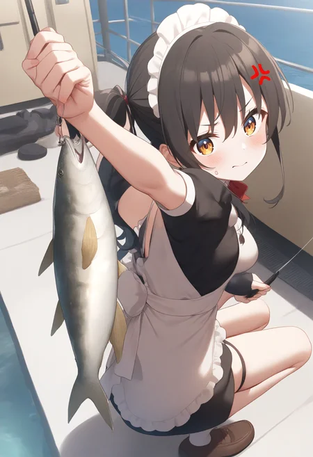 1girl,sincos, ningen mame, toosaka asagi,solo,medium breasts,20yo,maid,maid headdress,
fishing, fishing rod, fish, boat, holding fishing rod, holding fish, ocean, day, arm up, water drop, fishing line, <lora:fishing_XL_v1:0.8>
from behind, full body, looking ahead, blonde hair, golden eyes,anger vein, closed mouth, drill hair,,
best quality, very aesthetic, absurdres