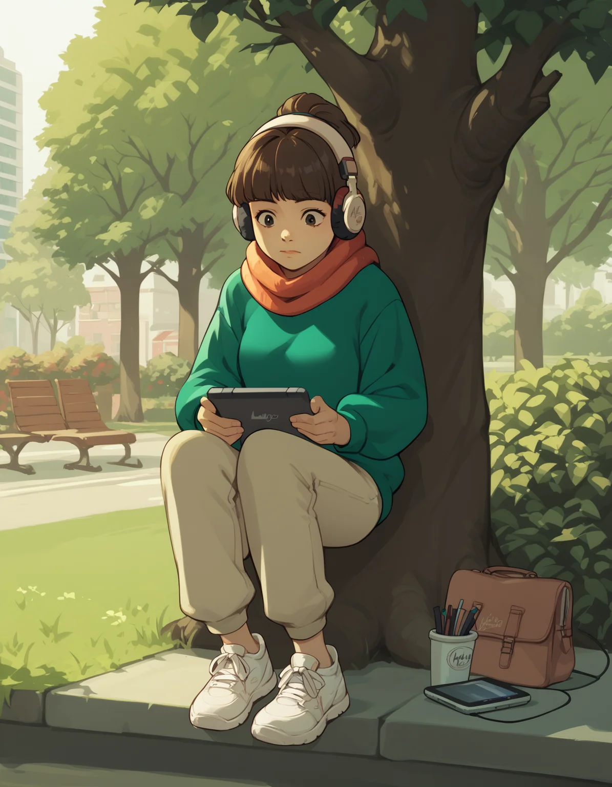 score_9, score_8_up, score_7_up, source_anime, <lora:lofigirl-ponyxl-000021:1> 1girl, lfg, sweater, scarf, pants, headphones, sneakers,
tablet pc, looking at screen, park, tree