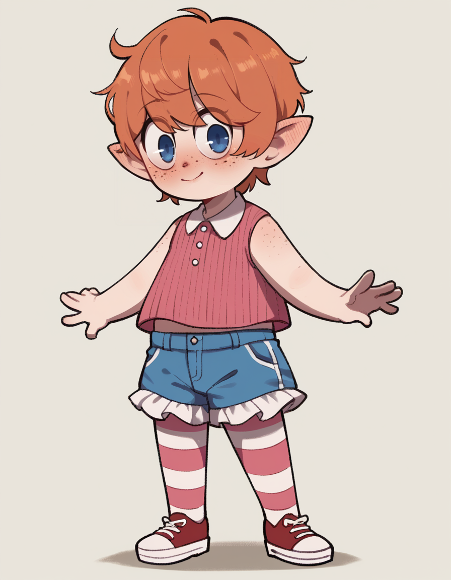 score_9, score_8_up, score_7_up, score_6_up, score_5_up, score_4_up, 1girl, solo, full body,
<lora:PopipiDT_v1:0.8> popipi, (lalafell), pointy ears, orange hair, freckles, body freckles, short hair, blue eyes, brown nose, ear blush, light smile, looking at viewer,
two-tone sleeveless shirt, striped frilled shorts, ribbed pantyhose, wedge heels, <lora:CWew33-20:0.9>  cwew, sketch, flat color, (round eyes:1.4),
