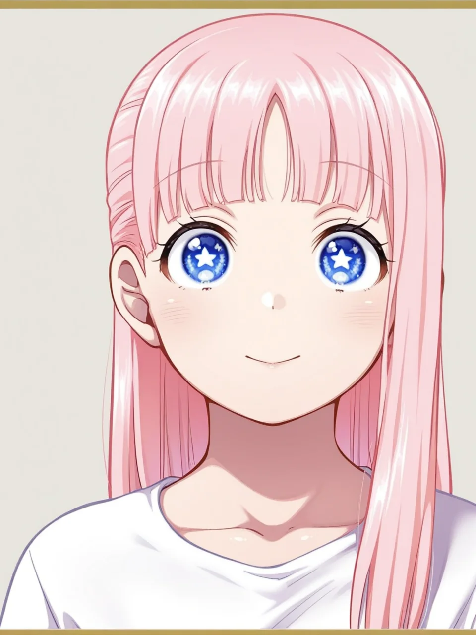 shiny skin, oily skin,megami magazine,  simple backgrounds,   <lora:issyousenkin_hongou_hina:1> issyousenkin_hongou_hina, 1girl, long hair, blunt bangs, sidelocks, star shaped pupils,pink hair,white shirt