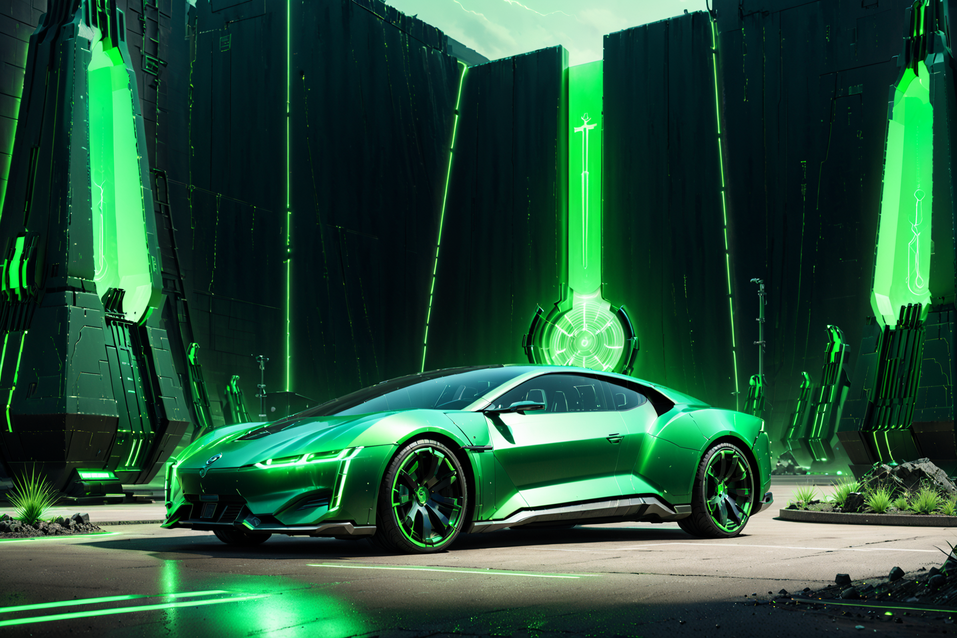 Necron, electricity, green glow, green theme, coupe, futuristic parking lot, detailed background, pastoral tones, soft glow, close-up shot, <lora:Necron_World_XL-000009:1>