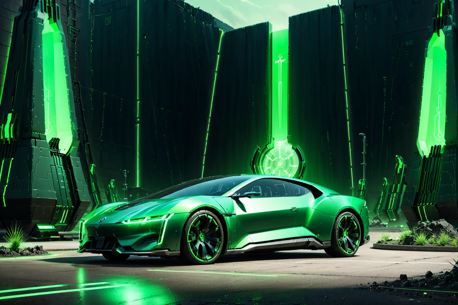 Necron, electricity, green glow, green theme, coupe, futuristic parking lot, detailed background, pastoral tones, soft glow, close-up shot, <lora:Necron_World_XL-000009:1>