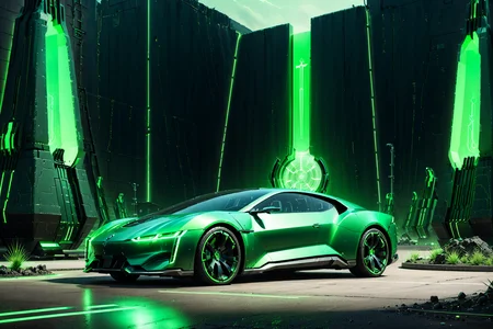 Necron, electricity, green glow, green theme, coupe, futuristic parking lot, detailed background, pastoral tones, soft glow, close-up shot, <lora:Necron_World_XL-000009:1>