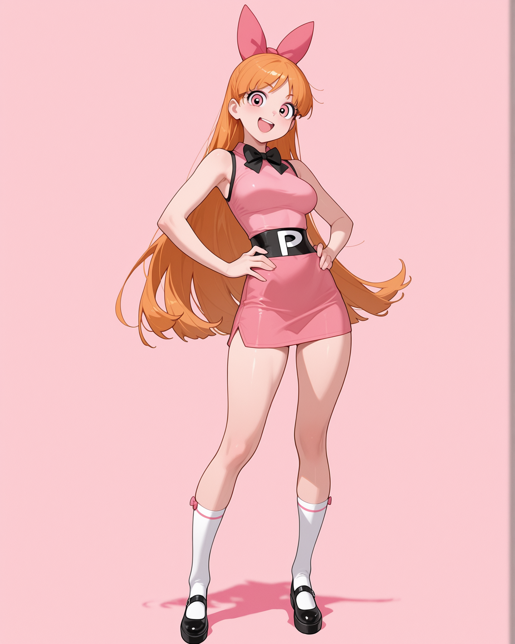 masterpiece, best quality, 1girl, solo, blossom (powerpuff girls), orange hair, bow, long hair, pink eyes, looking at viewer, breasts, standing, full body, open mouth, smile, <lora:Aged_up_Powerpuff_Girls:1> hands on hips,