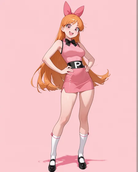 masterpiece, best quality, 1girl, solo, blossom (powerpuff girls), orange hair, bow, long hair, pink eyes, looking at viewer, breasts, standing, full body, open mouth, smile, <lora:Aged_up_Powerpuff_Girls:1> hands on hips,