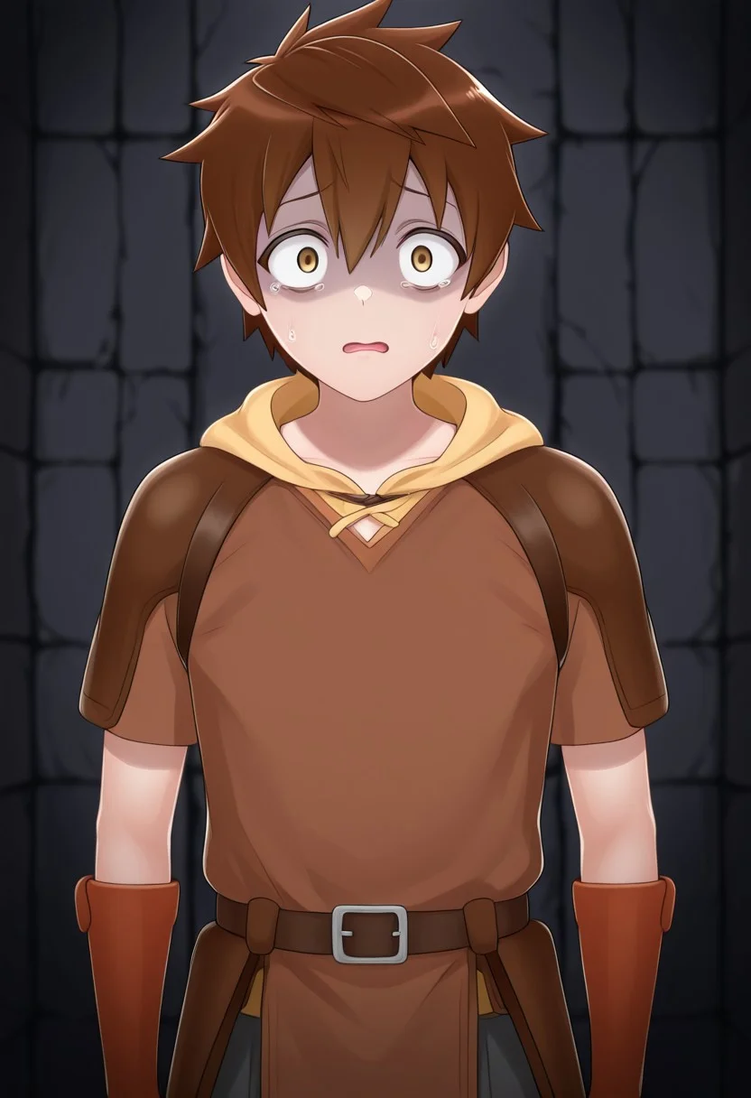 1boy, short male, solo, rito_yuuki, brown hair, brown eyes, spiked hair, looking at viewer, scared, dungeon, masterpiece