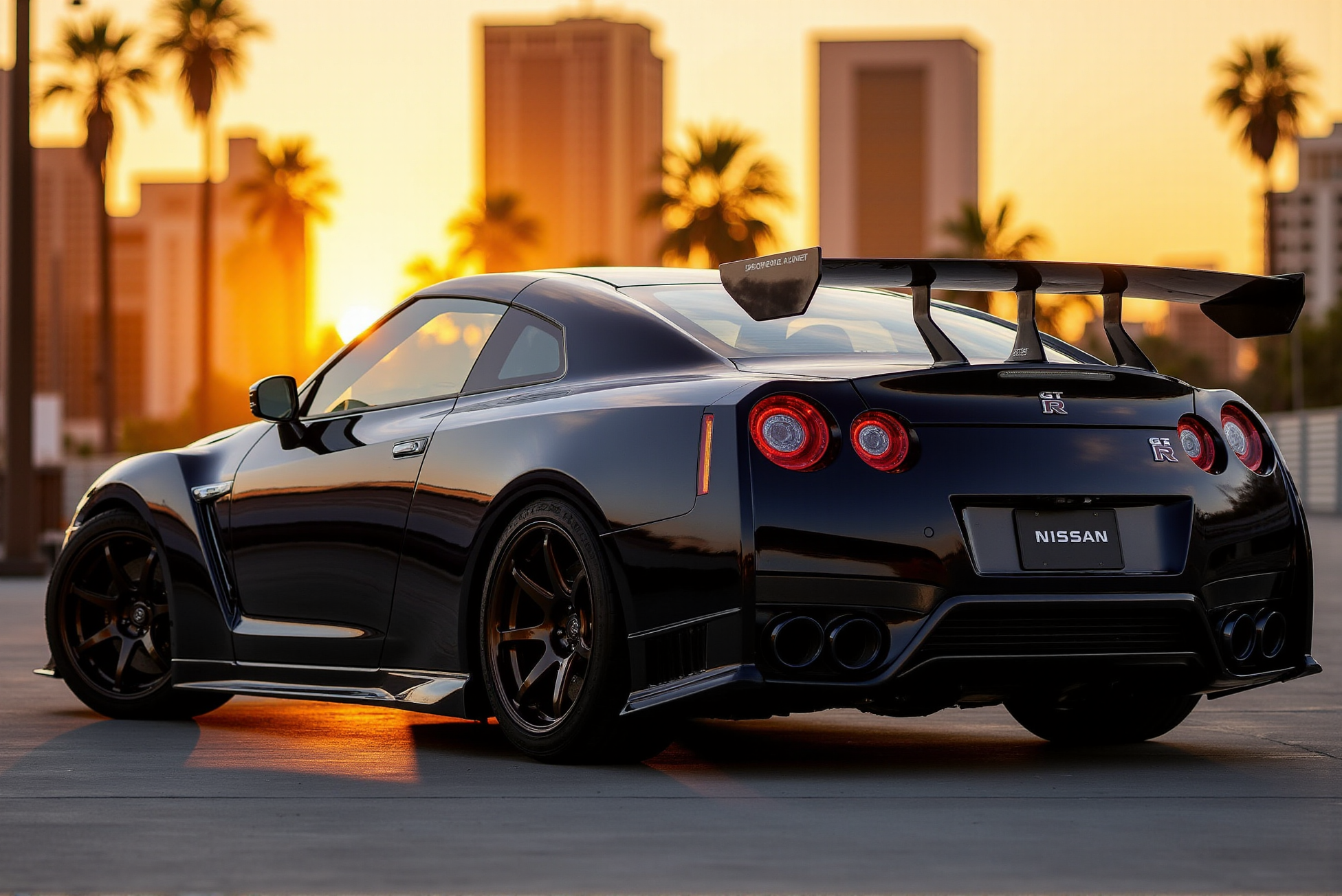 <lora:Nissan_GT-R_R35:0.8> 
A deep metallic blue Nissan GT-R R35 rests calmly under a softly clouded sky, captured in warm golden-hour lighting on a gravel-covered open lot. The low-slung stance, sharply sculpted hood, and flared front wheel arches convey poised aggression, while the sleek aerodynamic body panels reflect the muted amber light. The front grille prominently features the GT-R emblem set just above the chrome Nissan badge, both gleaming with subtle intensity. Multi-spoke alloy wheels finished in brushed silver house ventilated brake rotors and red Brembo calipers stamped with white branding. The side mirrors and front splitter echo dark gloss finishes, and the slight tilt in the camera angle adds a cinematic tension. Faint reflections ripple across the body, and thin wisps of fencing in the distance add scale and openness to the composition. The contrast between the grounded solidity of the vehicle and the expansive background builds visual drama, emphasizing the GT-R R35âs balance of power and elegance. Subtle tire tread texture and shadow gradation beneath the chassis provide depth and tactile realism, enhancing the visual gravity of this iconic performance coupe in a still, contemplative moment.