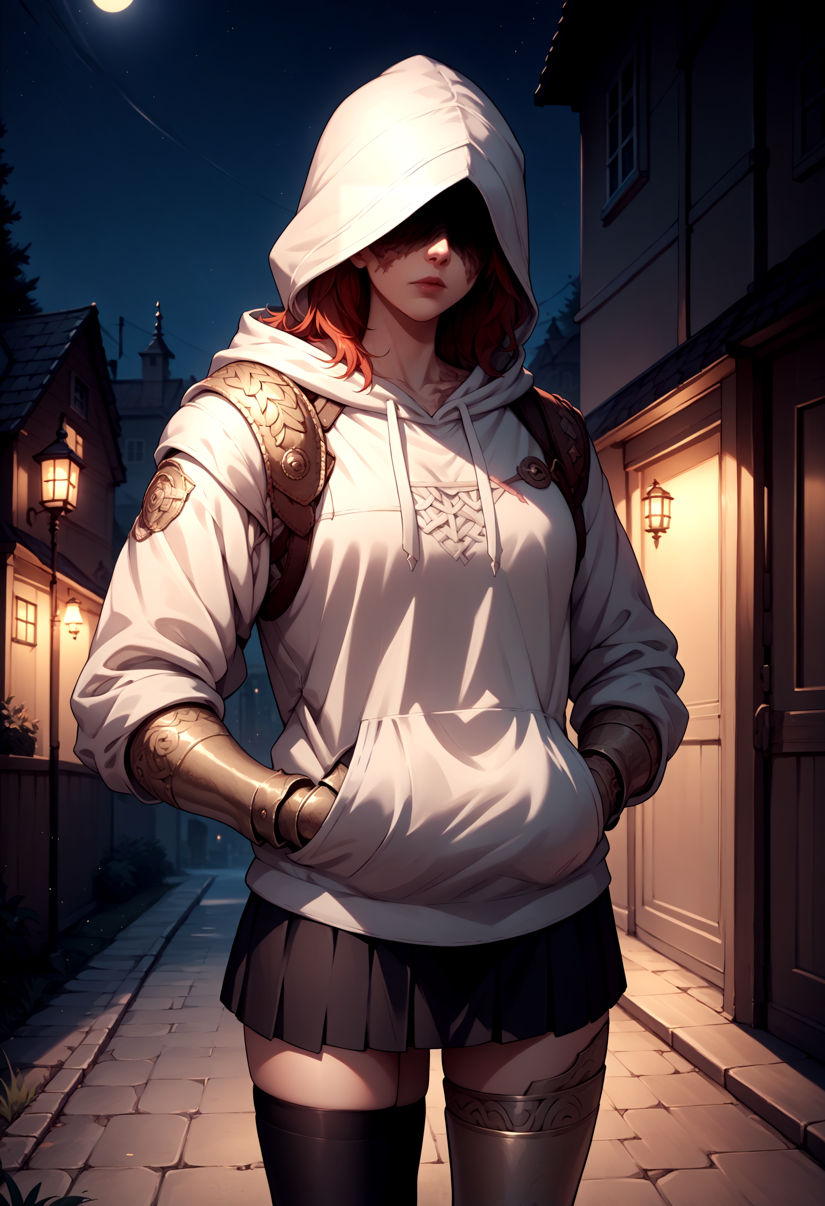 score_9, score_8_up, score_7_up, source_anime, cowboy shot, prothestic leg, single mechanical arm, prosthesis, mechanical legs, MaleniaRot, covered eyes, scar, <lora:Malenia_XLPD:1>, covered face, outdoors, white hoodie, skirt, black thighhighs, hands in pockets, hood down, night,