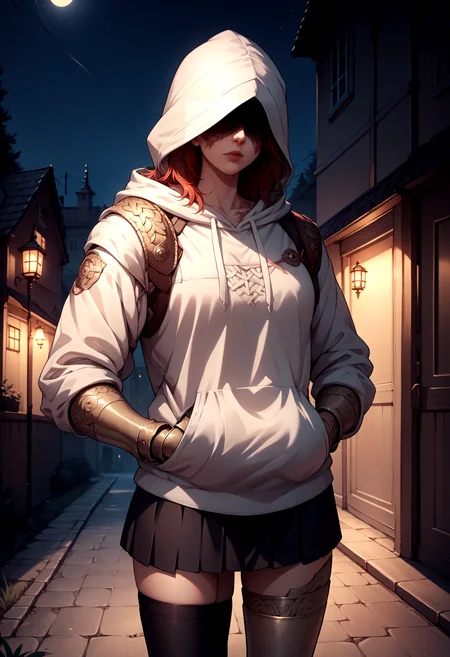 score_9, score_8_up, score_7_up, source_anime, cowboy shot, prothestic leg, single mechanical arm, prosthesis, mechanical legs, MaleniaRot, covered eyes, scar, <lora:Malenia_XLPD:1>, covered face, outdoors, white hoodie, skirt, black thighhighs, hands in pockets, hood down, night,