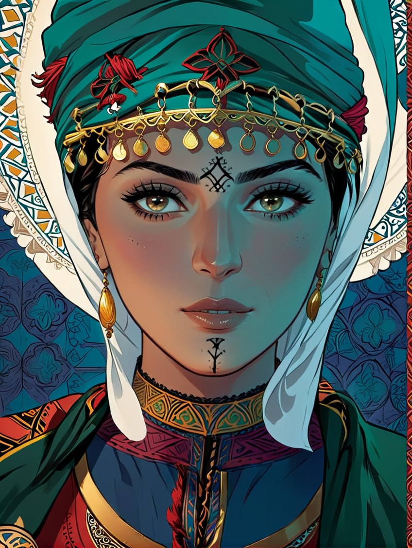 comic 1woman, behance contest winner, moroccan art, poster art, digital illustration, <lora:UshamXL:1.2>, moroccan pattern background, . graphic illustration, comic art, graphic novel art, vibrant, highly detailed