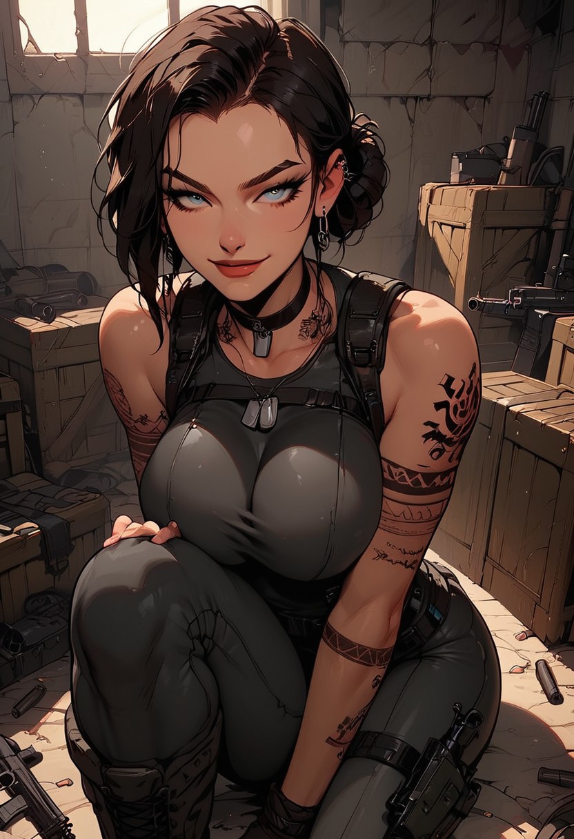 Score_9, Score8_up, Score_7_up, (((High Resolution, Best Quality))), 
1girl, solo, toned arms, sleeveless, Covered in Tattoos, neck tattoos, hair tied up, 
revealing bodysuit, tight bodysuit, tactical, military gear, large breasts, choker, dog tags, ear piece, 
seducing, seductive, flirty, tender, loving, playful, looking at viewer, smug, 
Sitting on ground, leaning against wall, one leg up, arm resting on knees, arm on knee,
inside, Military, military base, military barracks, cots, crates, military boxes, guns, bullets, supplies, armory,