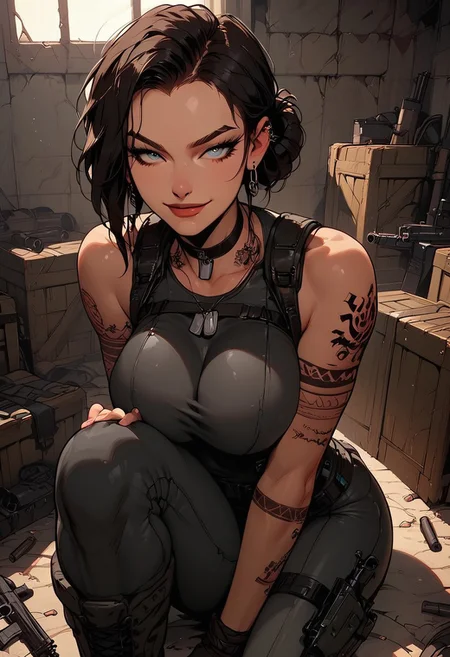 Score_9, Score8_up, Score_7_up, (((High Resolution, Best Quality))), 
1girl, solo, toned arms, sleeveless, Covered in Tattoos, neck tattoos, hair tied up, 
revealing bodysuit, tight bodysuit, tactical, military gear, large breasts, choker, dog tags, ear piece, 
seducing, seductive, flirty, tender, loving, playful, looking at viewer, smug, 
Sitting on ground, leaning against wall, one leg up, arm resting on knees, arm on knee,
inside, Military, military base, military barracks, cots, crates, military boxes, guns, bullets, supplies, armory,