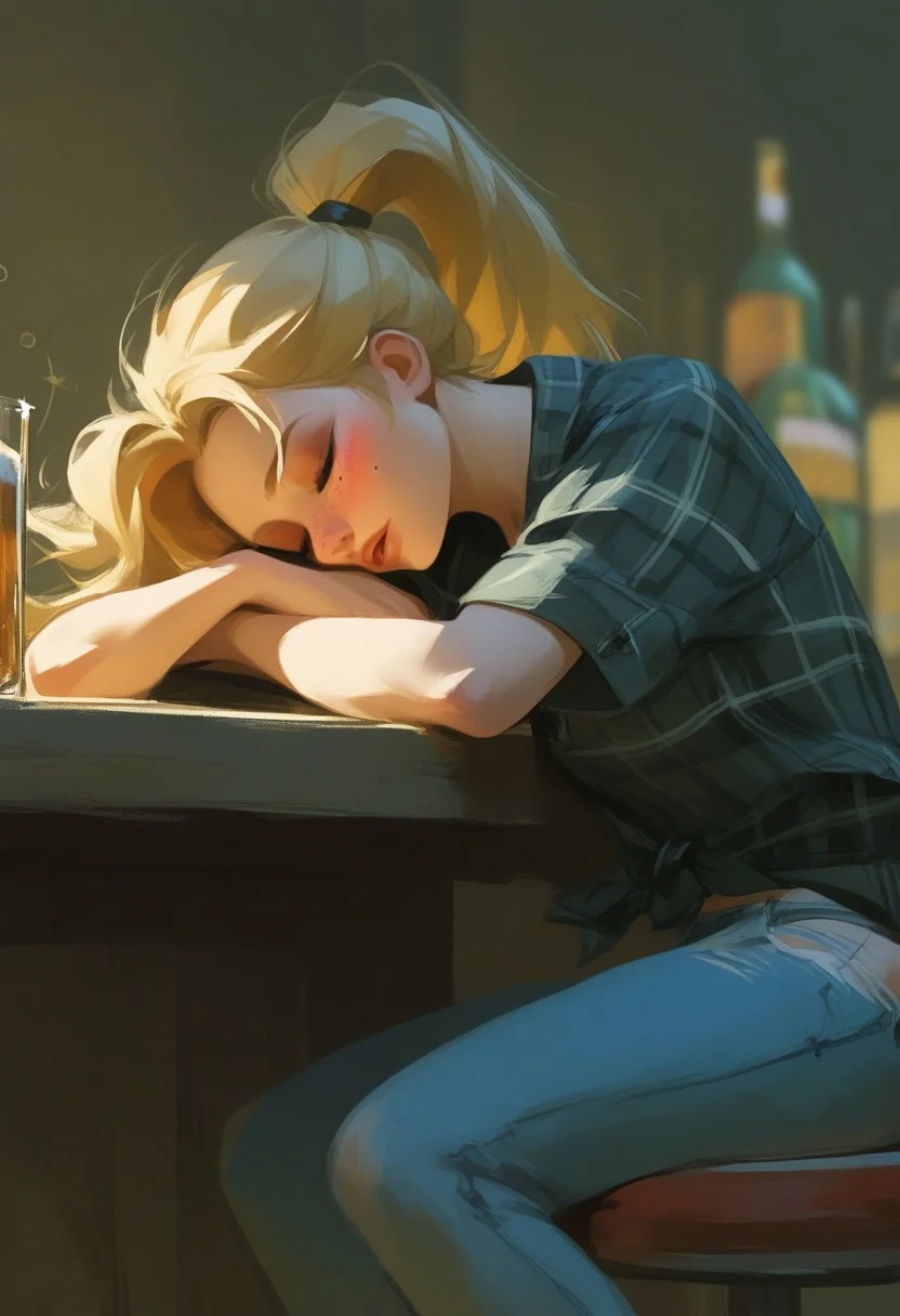 score_9, score_8_up, score_7_up, score_6_up, score_5_up, score_4_up, manga, girl, Tied hair, black shirt, dismal, gloomy, face clearly visible, dutch angle, semi-realism, noise effect, sharp details, VHS,
BREAK
girl in knotted shirt, 1girl, denim, shirt, torn pants, jeans, pants, blonde hair, freckles, plaid shirt, mole, torn clothes, mole under eye, ponytail, torn jeans, long hair, bar background, dust, American, sitting on stool chair, cowgirl, beautiful, attractive woman, semi-realistic, depth of field, realistic, sleeping, closed, drunk, blushing, head rest on arms, sleeping on table, fainted, unconscious, strings,